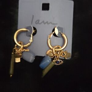 Gold Hoop Earrings with Blue and Olive Charm Accents